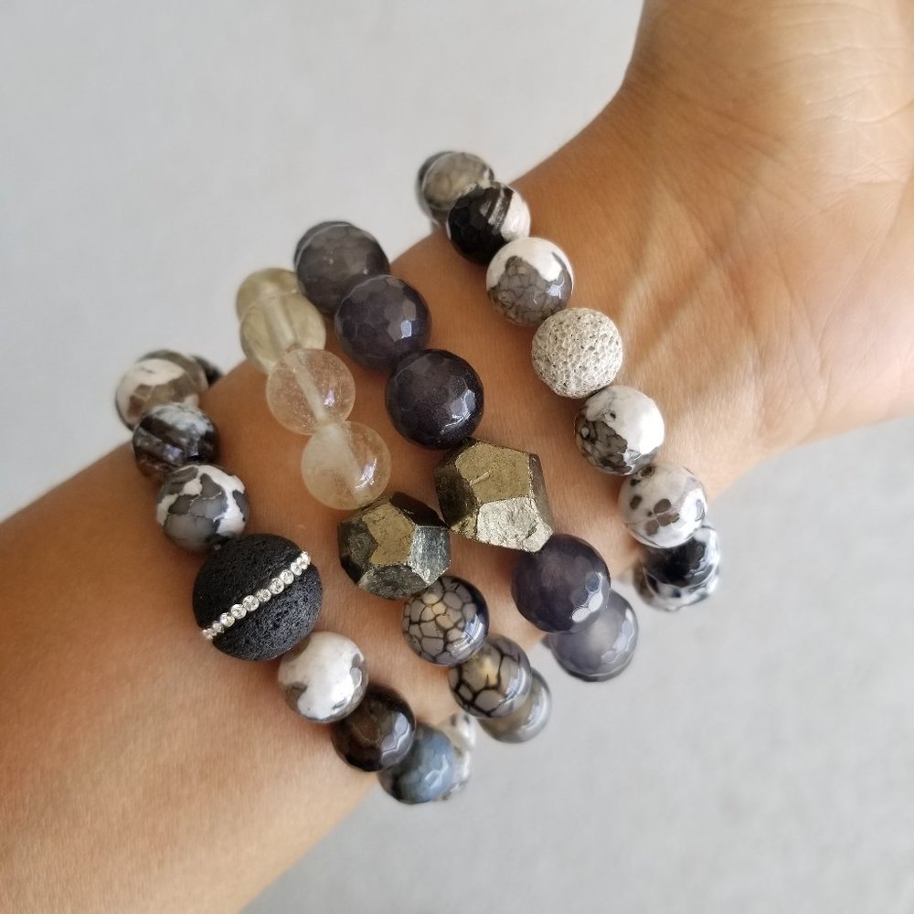 Agate & Lava Bracelet Set of 4 Black & White
